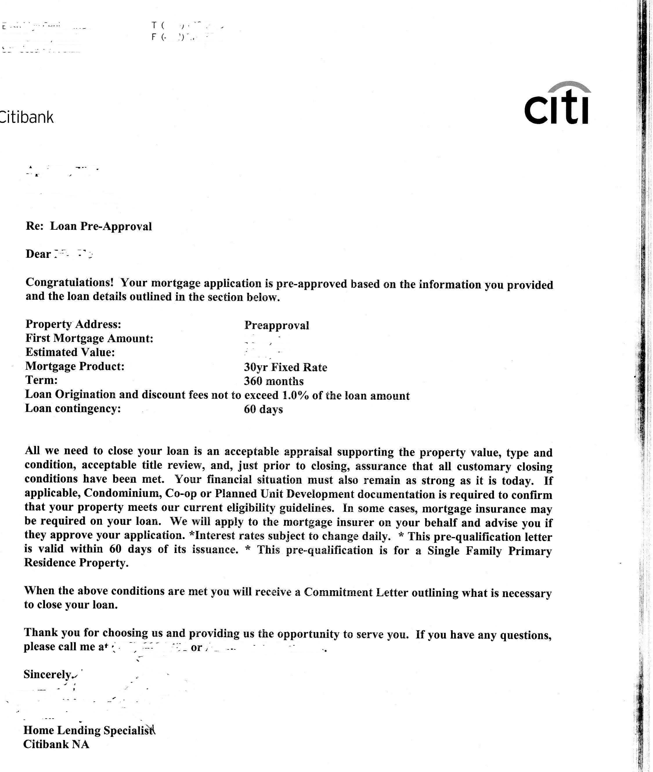 Mortgage Loan Pre Approval Citi Bank Preapproval Letter